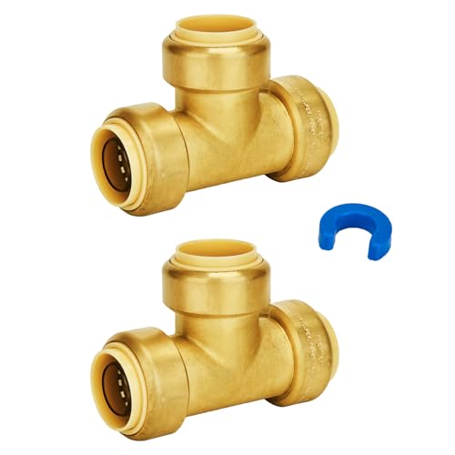 Image of SUNGATOR 1-Inch Tee, Push Plumbing Pipe Connector, Brass, 2-Pack | T Fittings, Push-to-Connect, for Pex Pipe, Copper, CPVC, PE-RT, with 1 Disconnect Clip