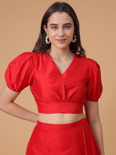 Image of Frolic Rolic Premium Silk V-Neck Blouse Readymade Saree Blouse - Designer Puff Sleeve Blouse for Wedding