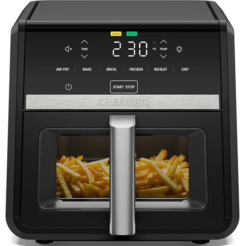 Chefman TurboFry Friteuse à air chaud, appareil 6 en 1, haute performance, 230 °C, panier XL avec fenêtre, pour frire à air chaud, cuire, griller, réchauffer, hydrater, décongeler, noir