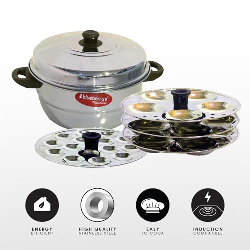 Image of 𝗕𝗹𝘂𝗲𝗯𝗲𝗿𝗿𝘆❜𝘀 Idli Maker Stainless Steel - Idly Cooker with 3-Plates for idly, 1-Plate for mini Idly & 1-Plate steamer| Idli maker induction base & Gas Stove Compatible -(15 Idlies & 20 mini idlies)