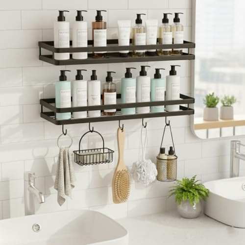 Image of Wall Mounted Spice Rack Organizer 2 Pack,Hanging Spice Seasoning Rack bathroom Shelf Holder with 5 utensils hanging hooks Organizer Storage for Kitchen Cabinet (Art Deco)