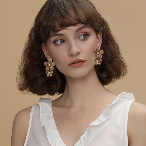 GPASTG Elegant Bohemian Large Metal Double Flower Matt Earring Chic Statement Dangle Drop Wedding Earrings For Women Cute Statement Jewelry Gifts3