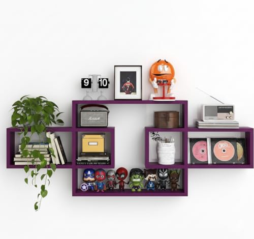 Image of Wooden Wall Shelves for Living Room, Bedroom Wall Mounted Rectangle Bookcase, Intersecting Wall Shelves for Storage Modern Decorative Display Shelves for Wall Decor (Purple)