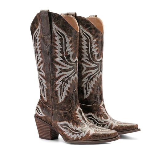 Image of Cowboy Boots for Women - Embroidered Western Cowgirl Boots with Fashion Snip Toe, 1.75-Inch Low Block Heel and All-Day Comfort Fit