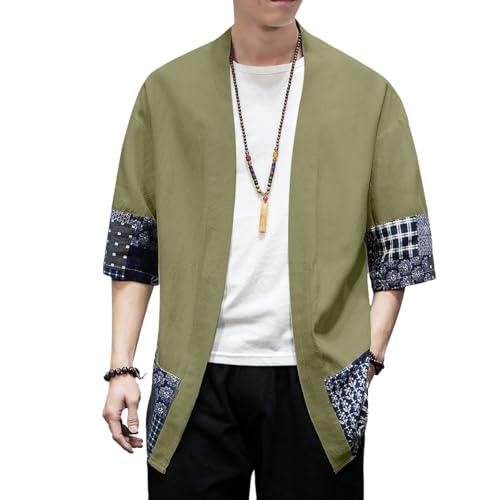 Image of PRIJOUHE Men's Kimono Jackets Cardigan Lightweight Casual Cotton Blends Linen Seven Sleeves Open Front Coat Outwear