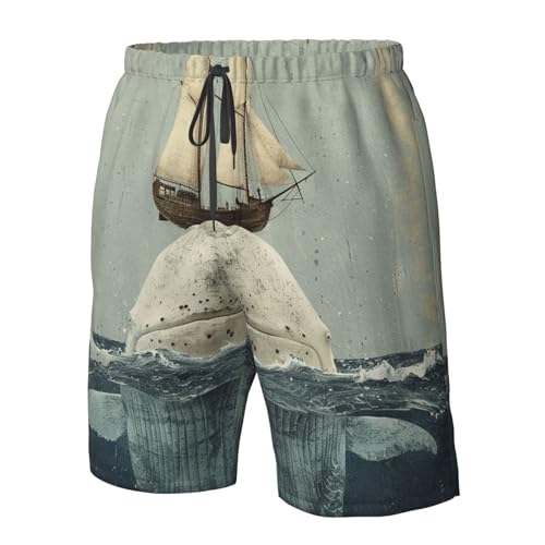 Men's Quick Dry Swim Shorts White Whale Ocean Old Sailing Vintage Beach Trunks with Pockets4