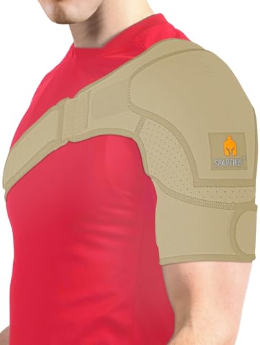 Image of Sparthos Shoulder Brace - Support Sleeve for Torn Rotator Cuff, AC Joint Pain Relief - Arm Stability Strap Wrap - Fits Bicep 14-30 in, Left or Right, Men & Women - Measure Before Purchase - Beige-XXL