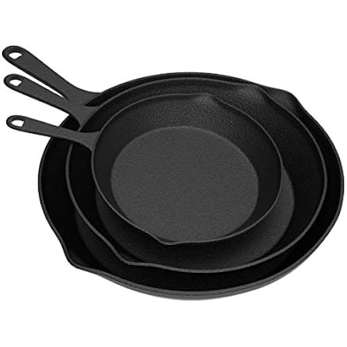 Pre Seasoned Cast Iron Skillets - 3 Pan Set - 9 inches, 8 inches, 6 inches - 1.5 to 2 inches deep - Durable with Strong Handle - Great for both veggies and meat