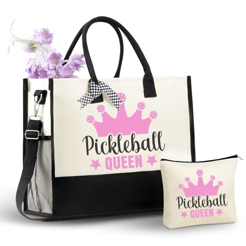 Image of InnoBeta Pickleball Gifts for Women Canvas Tote Stuff Bag with Top Zipper, Shoulder Strap