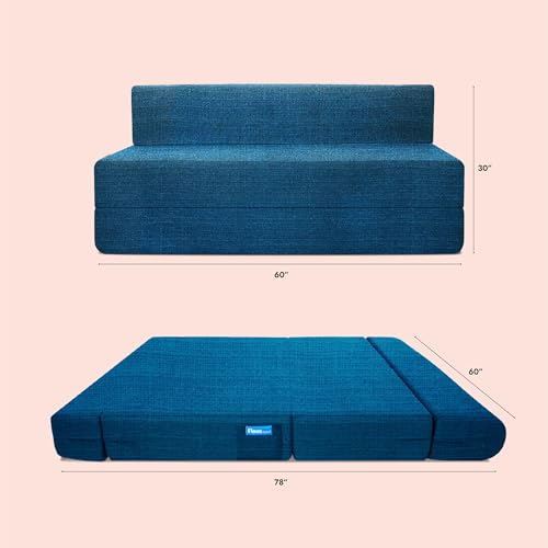 Image of Starlon 3 Seater Sofa Cum Bed Foldable 3-in-1 Sofa Bed with 1 Year Warranty, Washable Jute Fabric Cover & 2 Floral Pillows | Queen Size Guest Bed | Pre-Assembled Aqua Teal 5x6.5 Ft