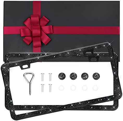 2 Pack Bling Black Rhinestone License Plate Frames,Bedazzled Sparkly Diamond Car License Plate Covers,Glitter Crystal Stainless Steel Holder with Gift Box Set…