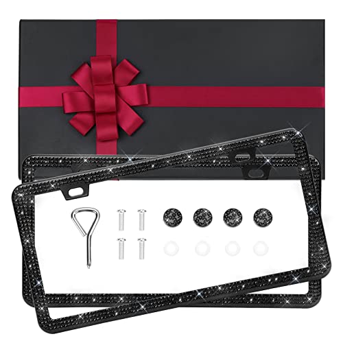2 Pack Bling Black Rhinestone License Plate Frames,Bedazzled Sparkly Diamond Car License Plate Covers,Glitter Crystal Stainless Steel Holder With Gift Box Set… #TOP2