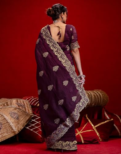 Image of SIRIL Women's Shimmer Chiffon Sequence Embroidery Saree With Unstitched Blouse Piece for Wedding and Parties