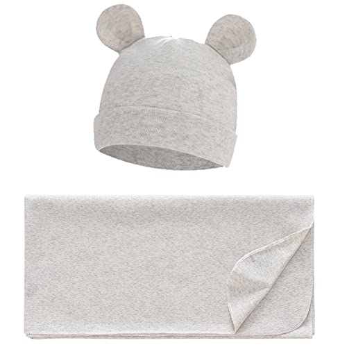Image of Exemaba Unisex Baby Swaddle Blanket with Hat Set Newborn Swaddle Receiving Blankets Sleep Sack for 0-3 Months Boys Girls(Grey)