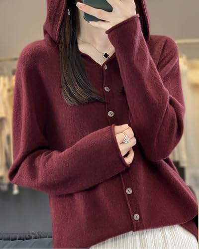 Image of Cashmere Sweaters for Women Button Down V Neck Hooded Cardigan Casual Loose Long Sleeve Soft Knit Pullover Tops
