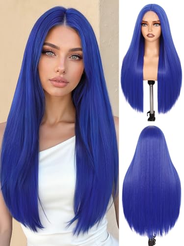 FAVE Perruque Bleu Foncé pour Femmes 65 cm Raie au Milieu Synthétique Longue et Naturellement Droite pour Tous les Jours, Soirée et Cosplay