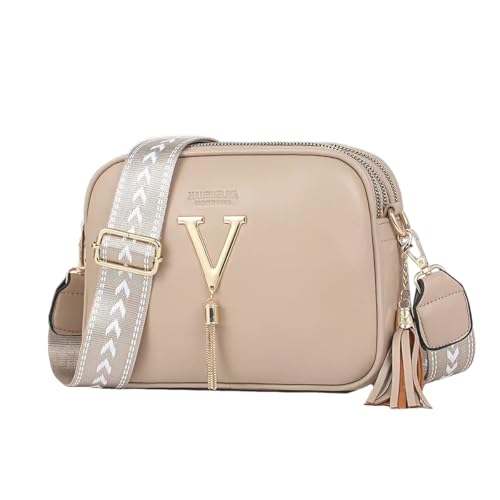 Bolsa Transversal Quadrada Feminina em - Alça Larga com Franjas e Detalhes Metalizados, Múltiplas Cores Trendy (Caqui)