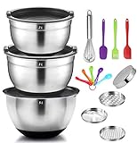 🍄 【MISCHSCHÜSSEL-SET】 Das Tapusen-Set enthält 3-teilige Edelstahl-Rührschüsseln (5, 3, 2 l), mit denen Benutzer Lebensmittel in einem Küchenwerkzeug messen, mischen, gießen und servieren können! Sie werden mit BPA-freien Deckeln, 3 Reibenaufsätzen, Mehlsieb aus Edelstahl, Messlöffeln, kleinem Spatel, elektrischem Schneebesen, Spreader Spatel geliefert und erfüllen alle Ihre Anforderungen.