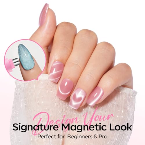 Image of modelones Cat Eye Magnet Set, Heart French Cateye Gel Polish Nail Tools Kit Dual-Head 5 IN 1 Magnets Pen Heart Round Flower Glassy Moon Multi Effect Nail Art Designs Home DIY Salon Use