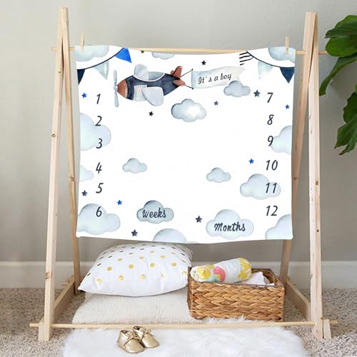 Image of Airplane Theme Baby Monthly Milestone Blanket for Boys, Soft Flannel Aircraft Pilot Cloud Stars Pattern Photography Prop Baby Shower Age Newborn Mom Gifts Nursery Decor (Blue, 48x48in)