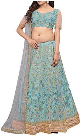 kfgroup Bollywood Designer Women's Readymade Stitched Sky Blue Silk and Net Heavy Embroidery Lengha Choli