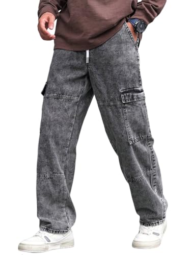 Oanviso Jeans de Ajuste Relajado de Hombre Cargo Pantalones Vaqueros Holgados Denim Jean Y2K Hip Hop Pantalone con Bolsillos Elasticos Pantalón B Gris Claro L