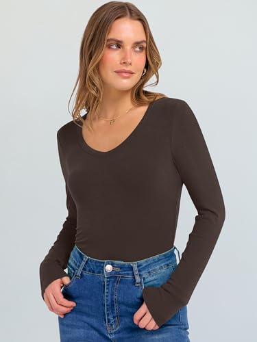 Image of ANRABESS Long Sleeve V Neck Shirts for Women | Soft Comfy Ribbed Knit Fitted Tshirts, Casual Going Out Tops, 2026 Trendy Basic, Fall Winter Underscrub Layering Clothes