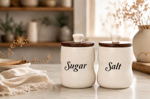 Image of Ceramic Sugar Salt Jar Set of 2 for Kitchen Storage, Airtight Lid Canisters for Countertop Decor, Premium Ceramic Containers for Sugar, Salt, Spices, Dry Fruits & Daily Essentials
