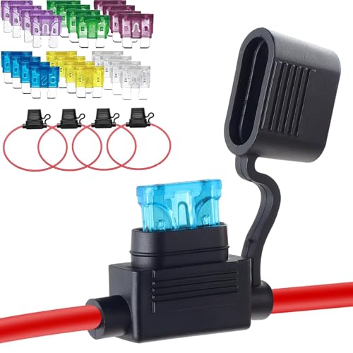 10 AWG Waterproof Fuse Holde ，Fuse Holder ATC/ATO, 4 Packs in-Line Automotive Blade Fuse Holder with 24PCS Standard Car Fuses, （15A 20A 25A 30A 35A 40A） Automotive Replacement Fuses