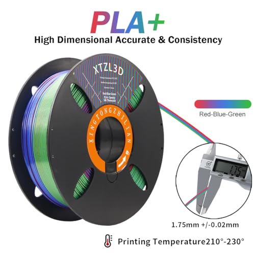 XTZL3D PLA+ 3D Printer Filament, Co-Extruded Tri-Color (Red Blue Green), 1.75 mm 3-Color Silk Filament for Fast Printing, Compatible with Most FDM Printers, 1000 g (2.2 lbs) Accuracy +/-0.02 mm - Image 4