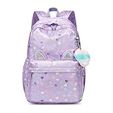 Kids Backpack Girls Light Purple Waterproof Large Space School Backpack Suitable for Age for Over 6 years old Lightweight Travel Cat Ear Heart Keychain Children Backpack(Light Purple Peach Heart)