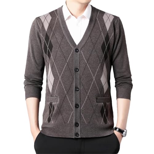 Men Sweater Cardigan Buttons Down Argyle Pattern Vintage Knit Sweater for Winter V Neck Clothing