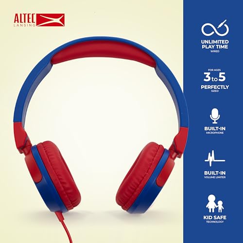 Image of Altec Lansing Kid Safe Wired Headphones, Over Ear Headphones for Kids Ages 3-5, Volume-Limiting Toddler Headphones with Mic, Compact Foldable Kids Headphones with Cord, APA Approved (Blue /Red)