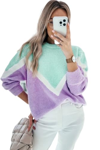 Stylish Long Sleeve Knit Sweater: Green Chevron Colorblock Design