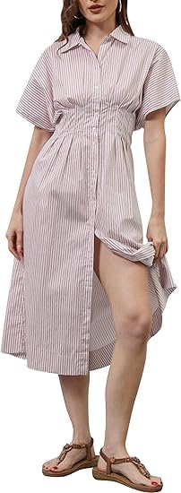 Image of Women Striped Button Down Shirt Maxi Dresses Summer Pleated Short Sleeve Collar Casual Corset Long Dress