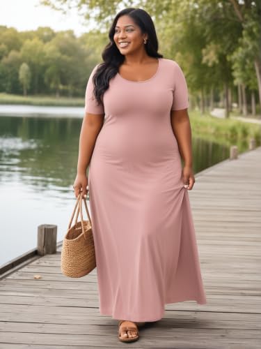 Image of PinkPatty Plus Size Dress for Women Casual Crew Neck Short Sleeve Maxi Dress Oversized Summer Beach Dresses with Pockets