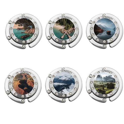 MYLEUS 6 PCS Handbag Hooks for Tables,Portable Hook,Purse Bag Hanger Portable Handbag Folding Hanger Holder Hook for Hanging Crystal Alloy Magic Hooks for Women Girl (Natural Scenery B)