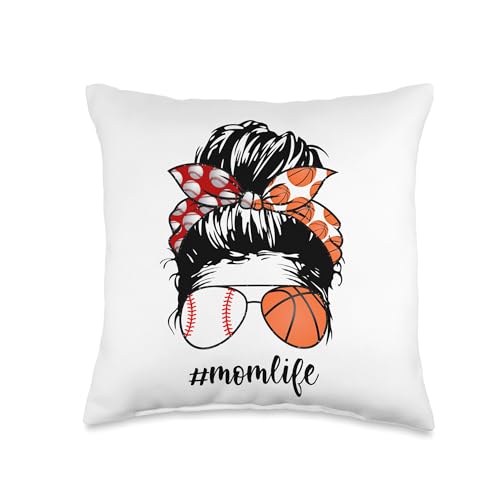 Mom Life Baseball Basketball Mom messy bun funny Mothers Day Throw Pillow
