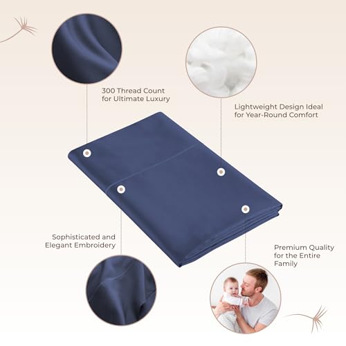 Image of Certified Organic Full Flat Sheet Only - 100% Organic Cotton Top Sheet with Luxurious Soft and Breathable 300 Thread Count Sateen Weave Finish - GOTS & Fairtrade Certified (Navy, Full)