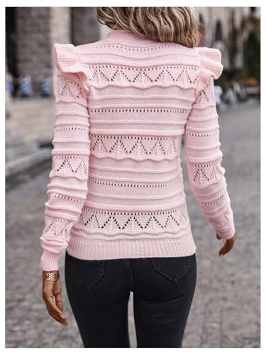 Image of GORGLITTER Women's Ruffle Long Sleeve Knit Sweater Hollow Out Crew Neck Fall Trendy Pullover Tops