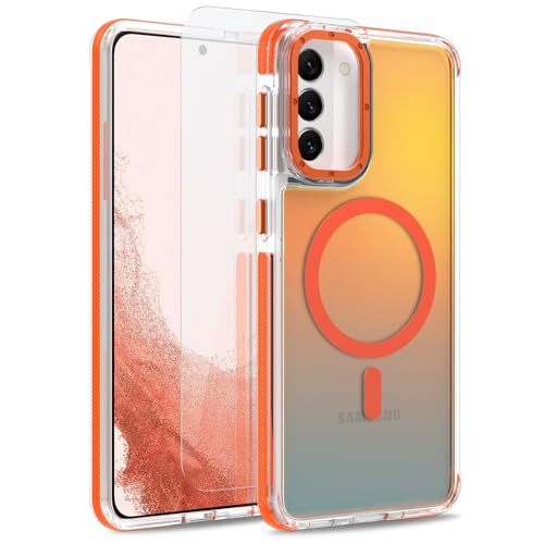 Image of Magnetic Case for Samsung Galaxy S22 [Compatible with Magsafe] [Cute Fashion Fluorescent Design] [1 Screen Protector] Slim Translucent Matte Case for Galaxy S22 6.1 inch, Orange