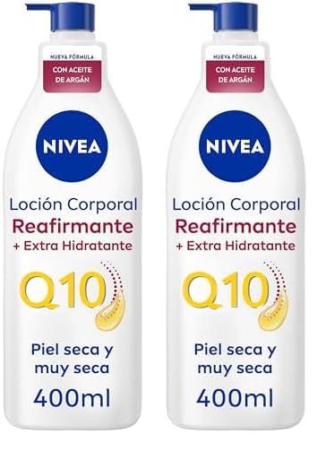 NIVEA Q10 Aceite de Argán Body Milk Reafirmante + Extra Hidratante (400 ml), loción corporal reafirmante para piel seca, crema hidratante corporal nutritiva (Paquete de 2)