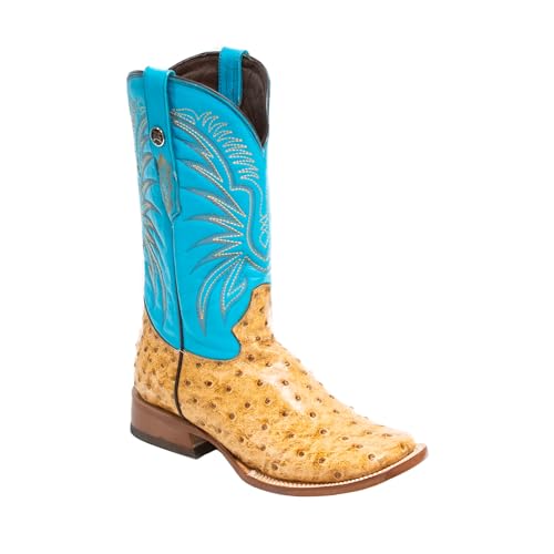 Men's Cowboy Boots Ostrich Print Rustic Orix/Turquoise Top EXTRA WIDE SQUARE TOE2