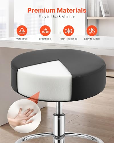 Image of VEVOR Rolling Stool with Wheels Footrest, 500 lbs Weight Capacity, Height Adjustable, Thick Cushion Ergonomic PU Leather Seat, 360 Swivel Round Rolling Stool Chair for Salon, Clinic, Medical, Black
