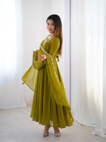 Image of FUSIONIC Premium Mehndi Green Anarkali Set with Heavy Embroidery, Dupatta & Full Stitch Finish