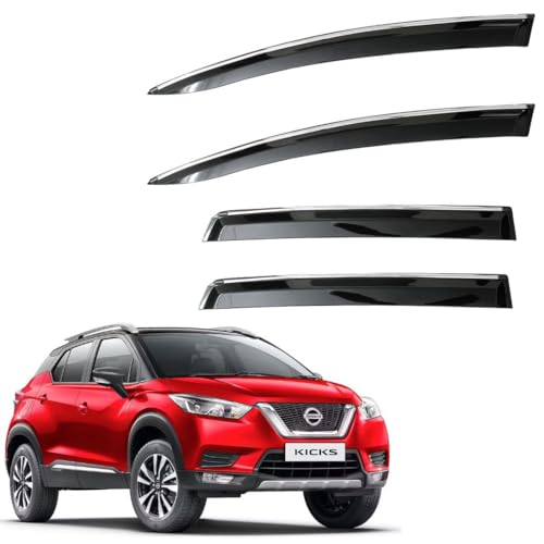 Image of CAR SAAZ Unbreakable Chrome Smoke Door Visor for Kicks (2019-2023) | Premium Sun, Rain Wind Deflector Chrome Strip Side Door Rain Visor - Set of 4 Pcs