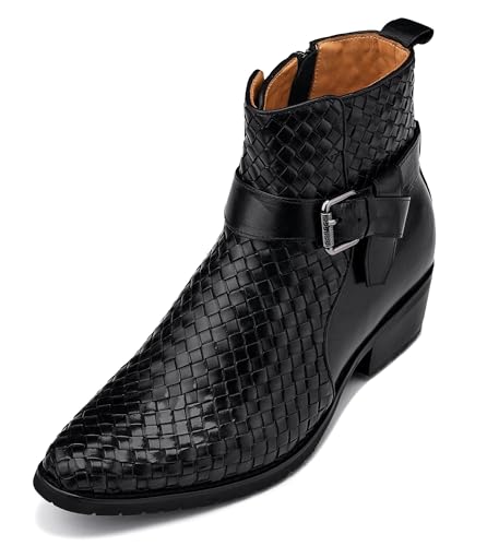 CALTO Men's Invisible Height Increasing Elevator Shoes - Black Premium Leather Woven Ankle Buckle Zipper Boots - 3.3 Inches Taller - K30523 - Size 12 D(M) US