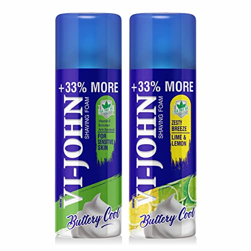 Image of VI - JOHN Shaving Foam For Men,Lime&Lemon&Sensitive Skin Type Shaving Foam With Goodness Of Nature,Tea Tree Oil,Vitamin E Enriched&Anti-Bacterial Formula(400Gm Each-Pack Of 2)