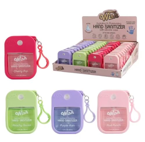 Wish Hand Sanitizer Spary Travel Size Spray 4-Piece 1.2 FL OZ (35ML) Each, Cherry POP, Purple Rain, Fruit Punch, Peachy Necter Hydrating and Moisturizing,(4 pack)