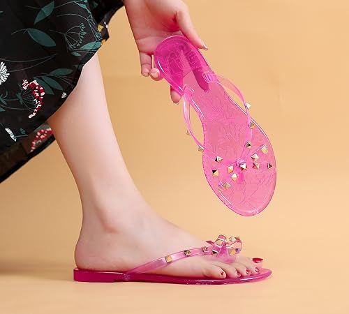 Image of Studded Jelly Shoes for Womens Bow Flip Flops Jellies Sandals Flat Black Summer Beach Thong with Rivets Strappy Slides Slip On